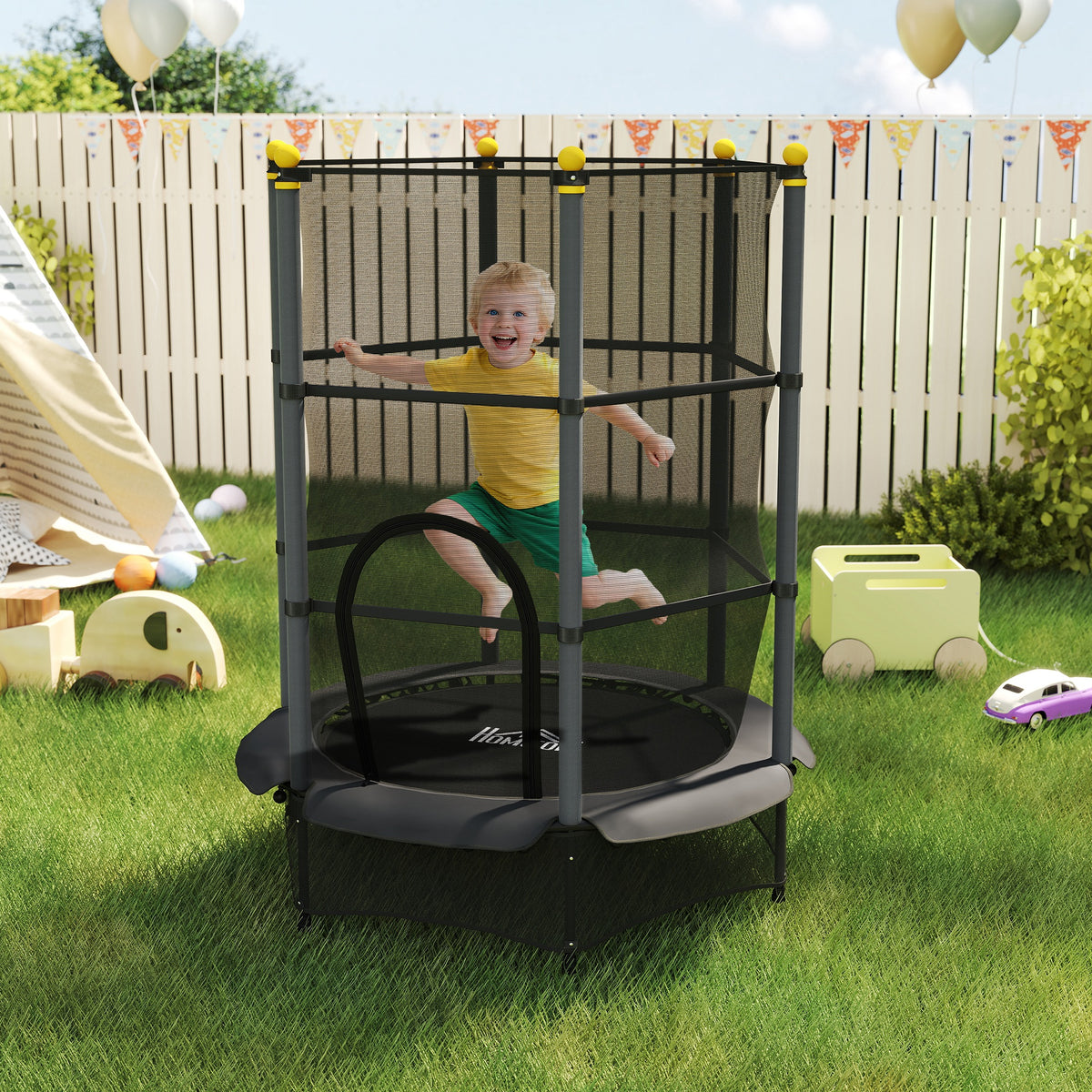 Tappeto Elastico per Bambini con Rete di Sicurezza e Pali Imbottiti Età 3-10 Anni, 140 x 190 cm, Nero