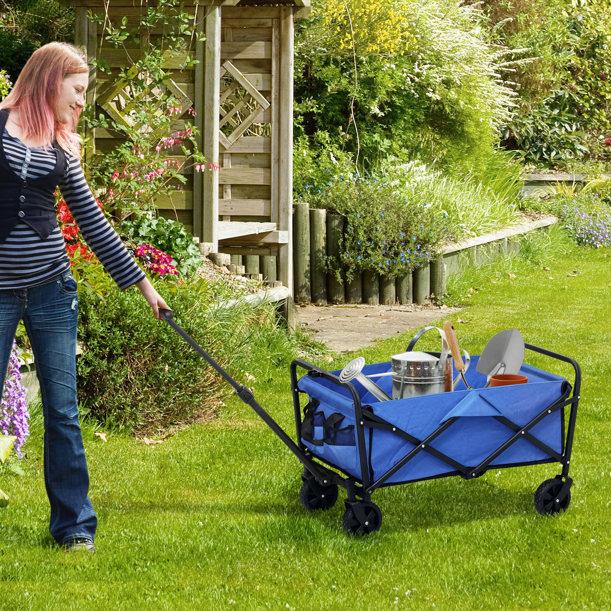 Carrello da Giardino 62L Pieghevole con Maniglia Regolabile, in Metallo e Tessuto Oxford, 76x48x86 cm, Blu