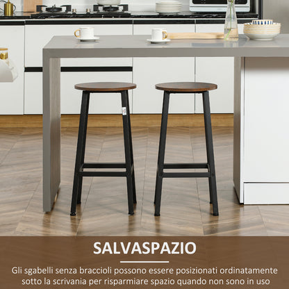 Set 2 Sgabelli da Cucina in Truciolato e Acciaio con Piano Liscio e Poggiapiedi, 32.5x32.5x65 cm, Marrone