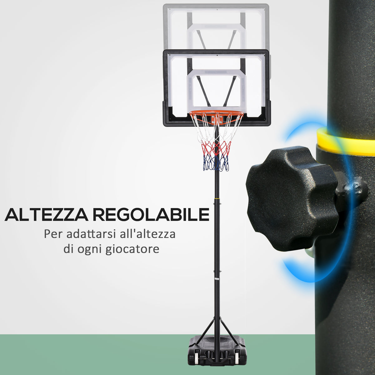 Canestro Basket Altezza Regolabile 160-210cm, Struttura in Acciaio e Base con Ruote, Tabellone in PE Trasparente