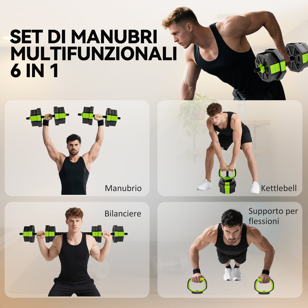 Set Pesi Palestra 6 in 1 Multifunzione da 20kg Totali in Plastica e Sabbia, 125x18x18 cm, Verde