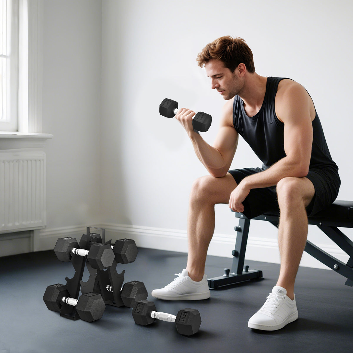 Set di Manubri Palestra con Supporto in Metallo con Impugnatura Antiscivolo, 2x4kg, 2x6kg, 2x8kg, Nero