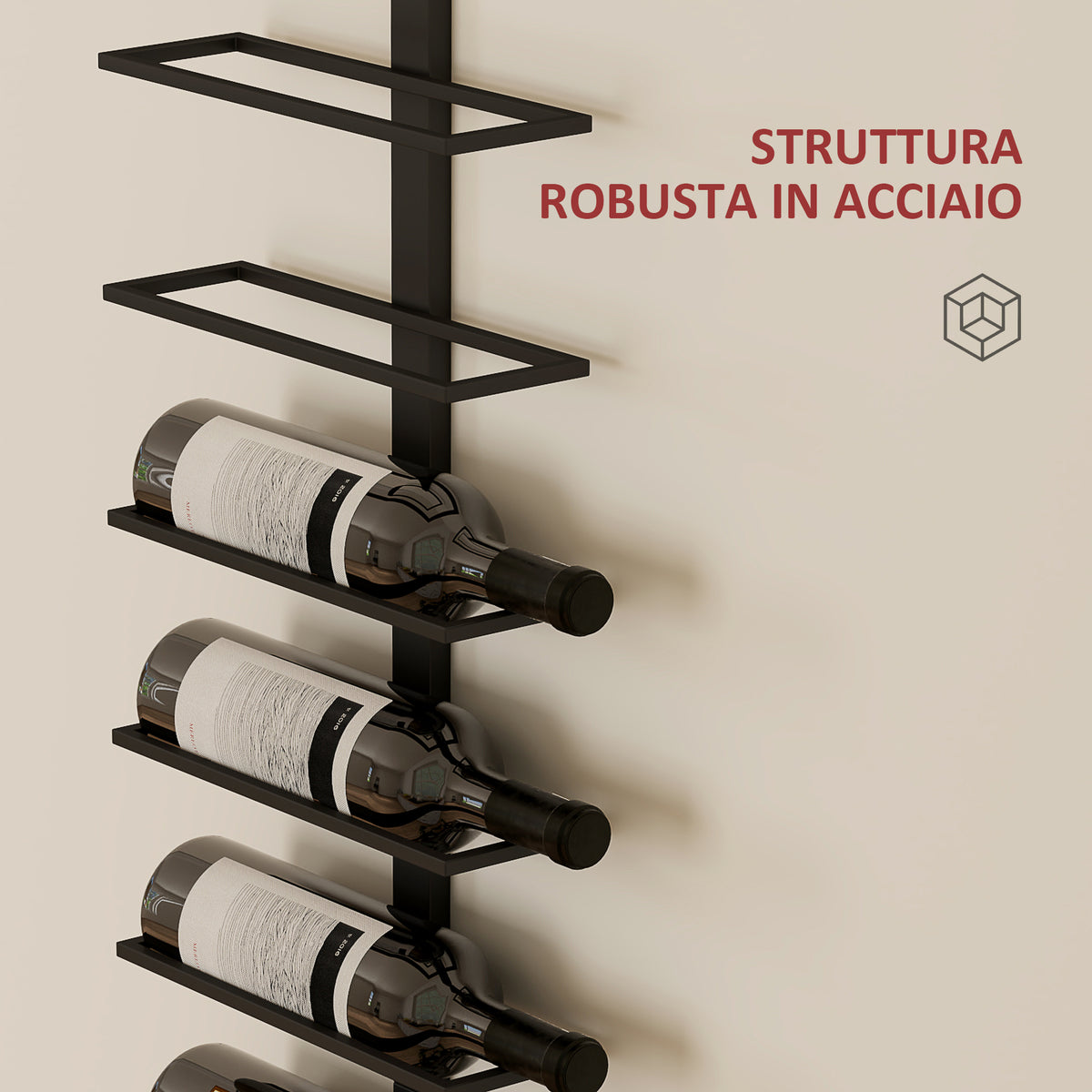 Portabottiglie da Parete a 10 Ripiani in Acciaio Nero per 10 Bottiglie,, 27x10x116 cm