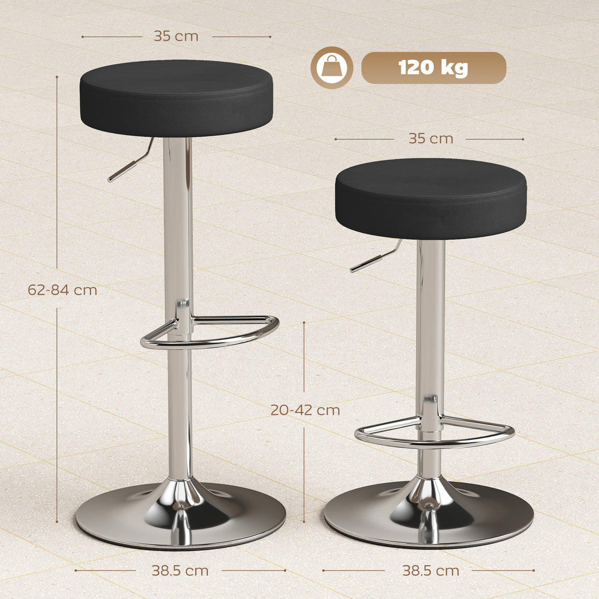 Set 2 Sgabelli da Bar Moderni e Regolabili, in Pelle PU, Spugna e Metallo, 38.5x38.5x62-84 cm, Nero
