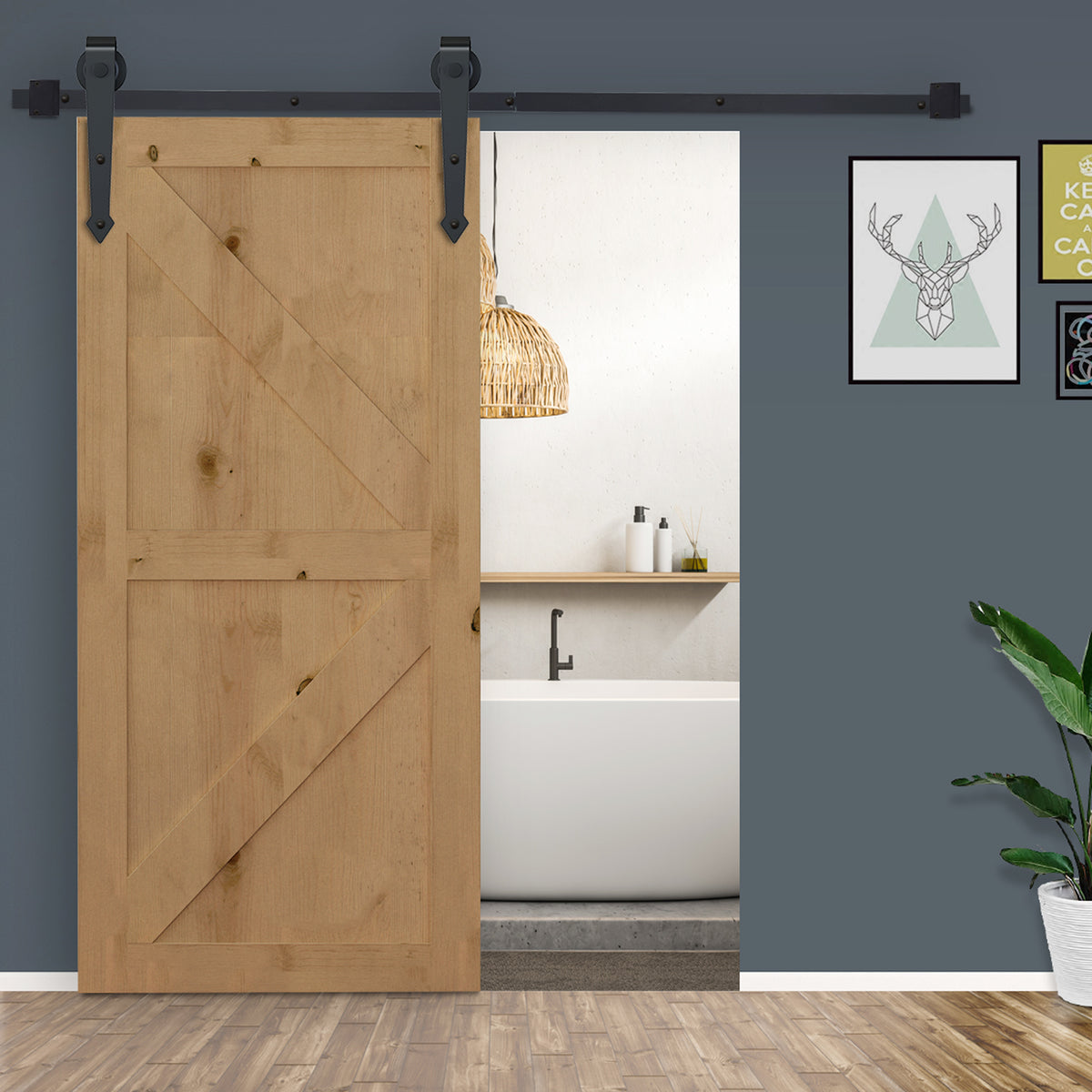 Kit per Porta Scorrevole in Stile Rustico con Binario 200cm e Rotelle, Nero