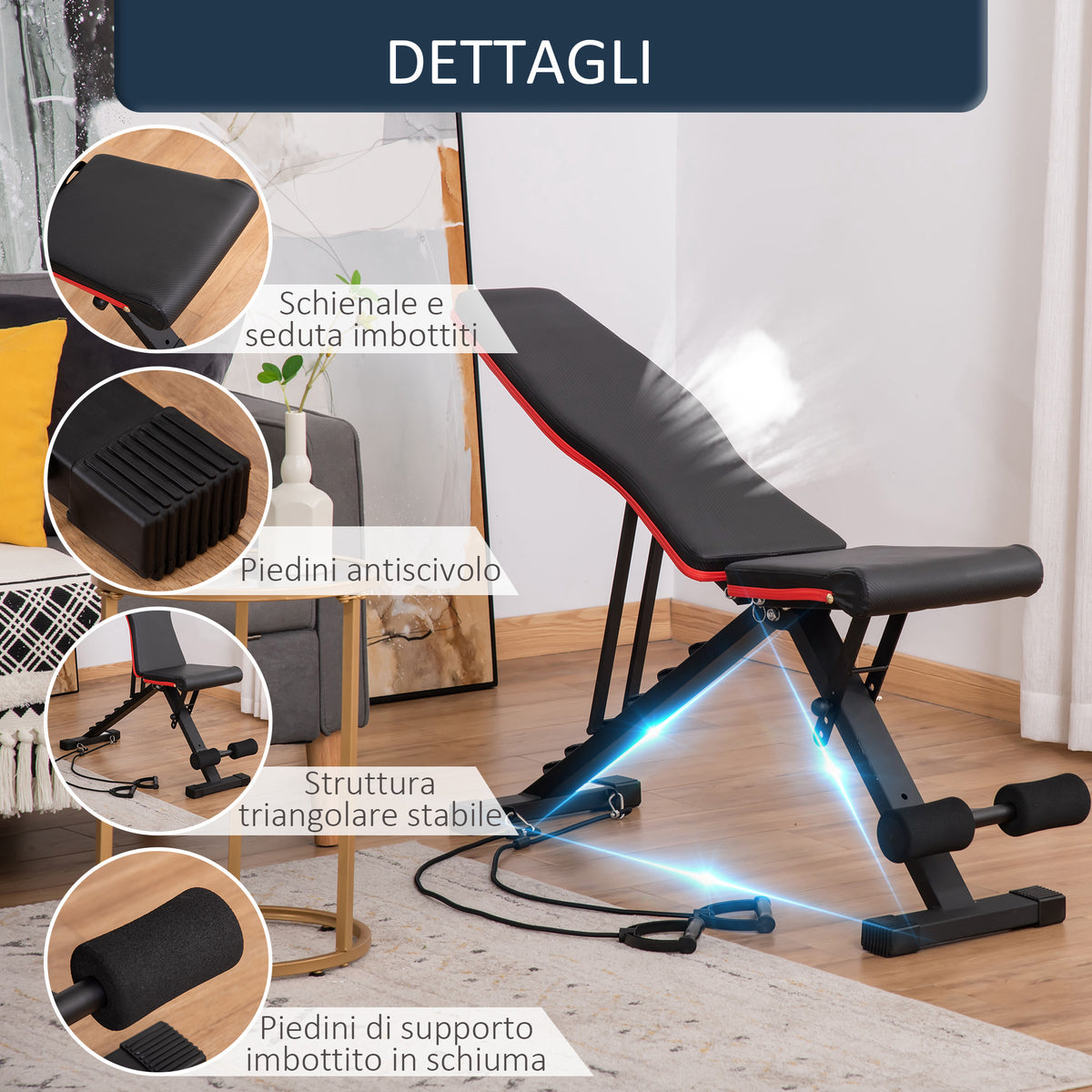 Panca Multifunzione per Addominali e Pesi, Inclinazione Regolabile ed Elastici, 130x48x48-109cm, Nero