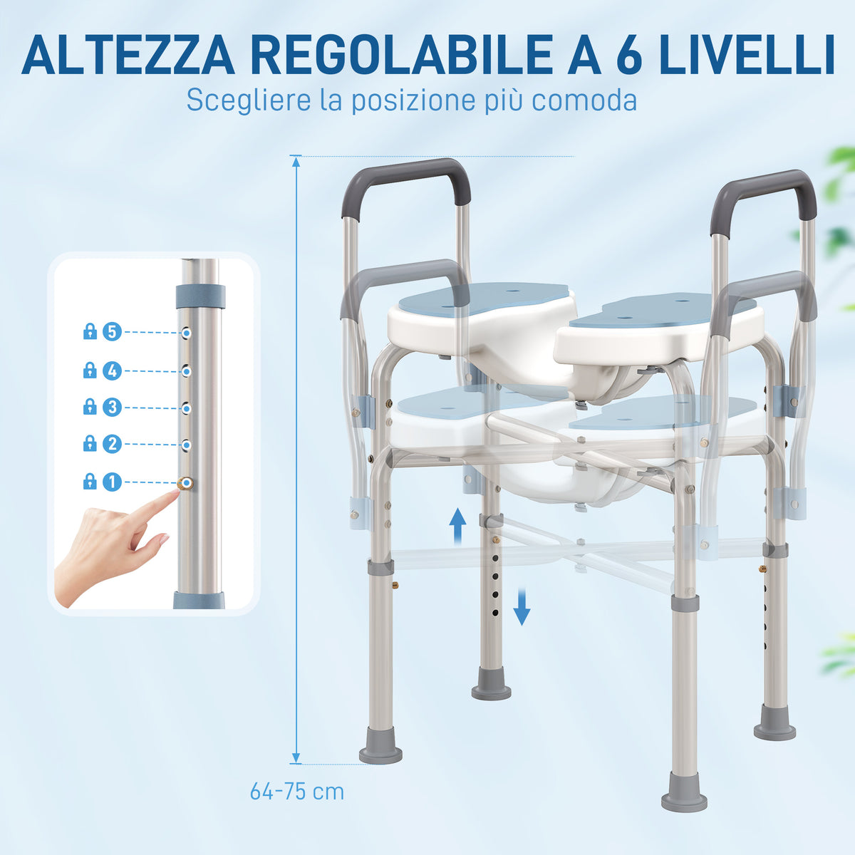 Sgabello da Doccia con Seduta Scanalata e Braccioli, Altezza Regolabile e Piedini Antiscivolo, Azzurro
