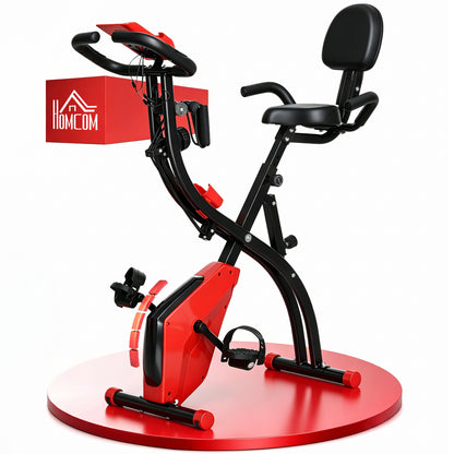 Cyclette Pieghevole 2 in 1, Resistenza Magnetica Regolabile 8 Livelli, Cyclette da Casa Silenziosa con Sensore Cardiaco, Sedile Regolabile, Bande Elastici, Schermo LCD, Ruote, Rosso