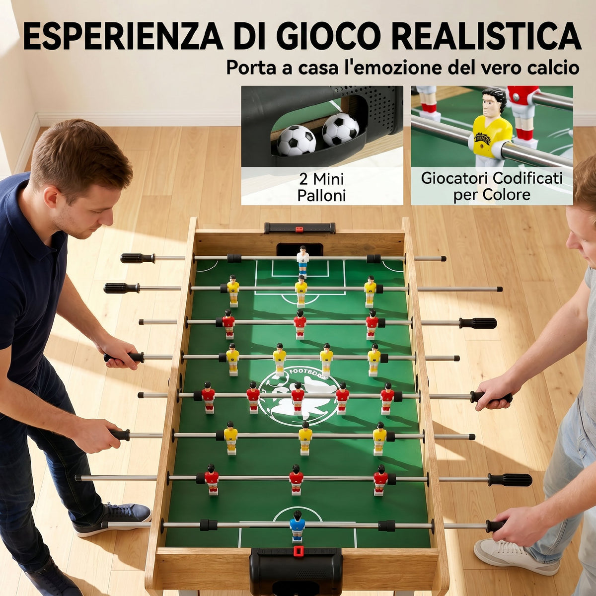 Calcio Balilla, Tavolo 121 Cm, 22 Giocatori, Segnapunti Manuali, Legno Naturale