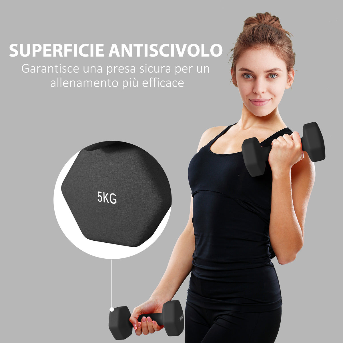 Set 2 Manubri Esagonali da 2x5 kg in Metallo e Plastica con Impugnatura Antiscivolo, 20x9x9 cm, Nero