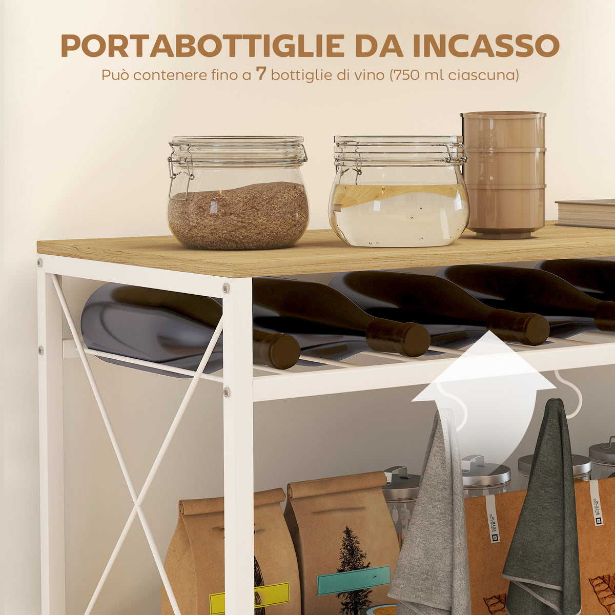 Carrello Portavivande a 4 Livelli con Portabottiglie e 5 Ganci Rimovibili, in Legno e Metallo, 96.5x38x96.7 cm