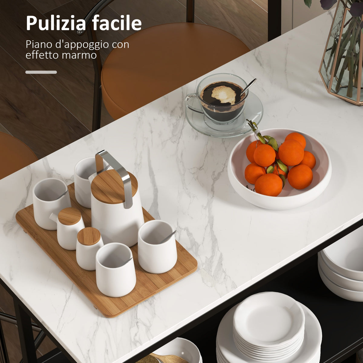 Isola da Cucina con Mensole, Piano Effetto Marmo e Struttura in Metallo, 100x50x90cm, Nero e Bianco