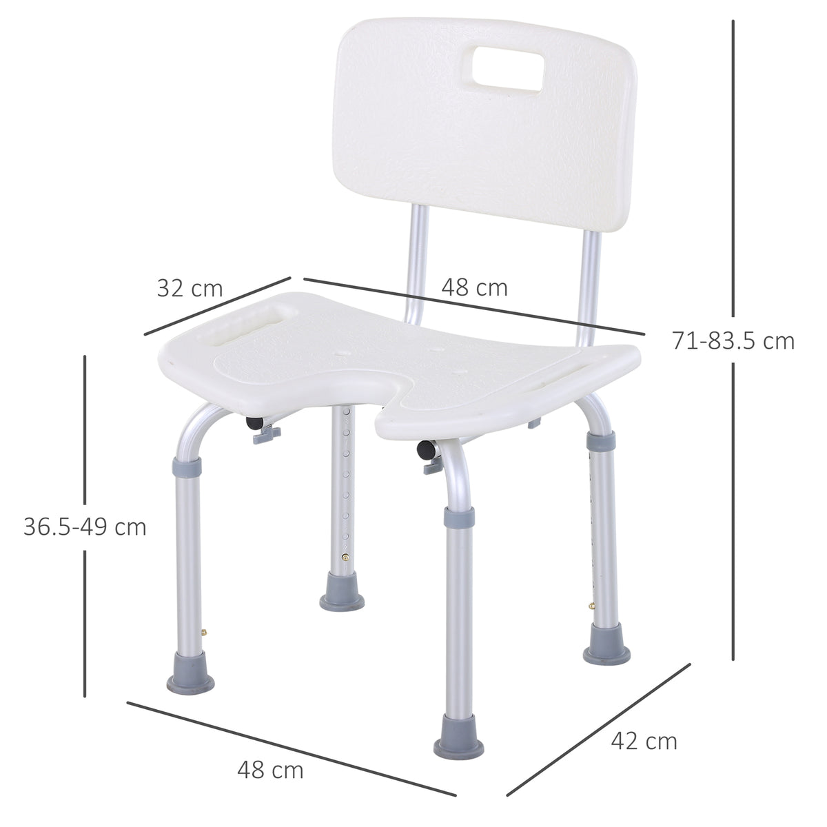 Sedia Doccia Regolabile su 8 Livelli con Fori di Drenaggio, in Alluminio e PE, 48x42x71-83.5 cm, Bianco e Argento