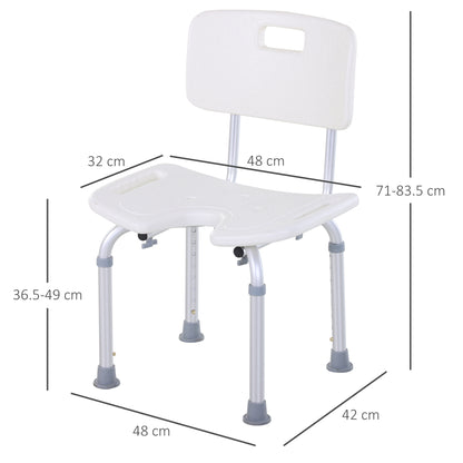 Sedia Doccia Regolabile su 8 Livelli con Fori di Drenaggio, in Alluminio e PE, 48x42x71-83.5 cm, Bianco e Argento