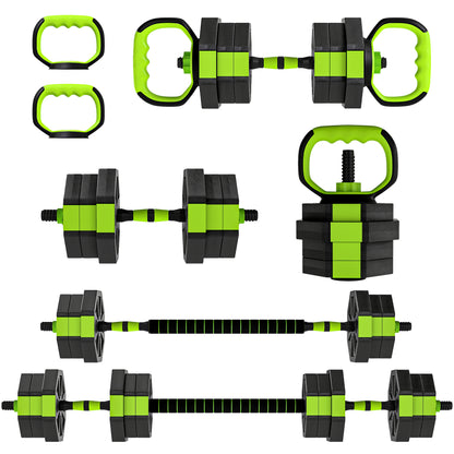 Set Pesi Palestra 6 in 1 Multifunzione da 20kg Totali in Plastica e Sabbia, 125x18x18 cm, Verde
