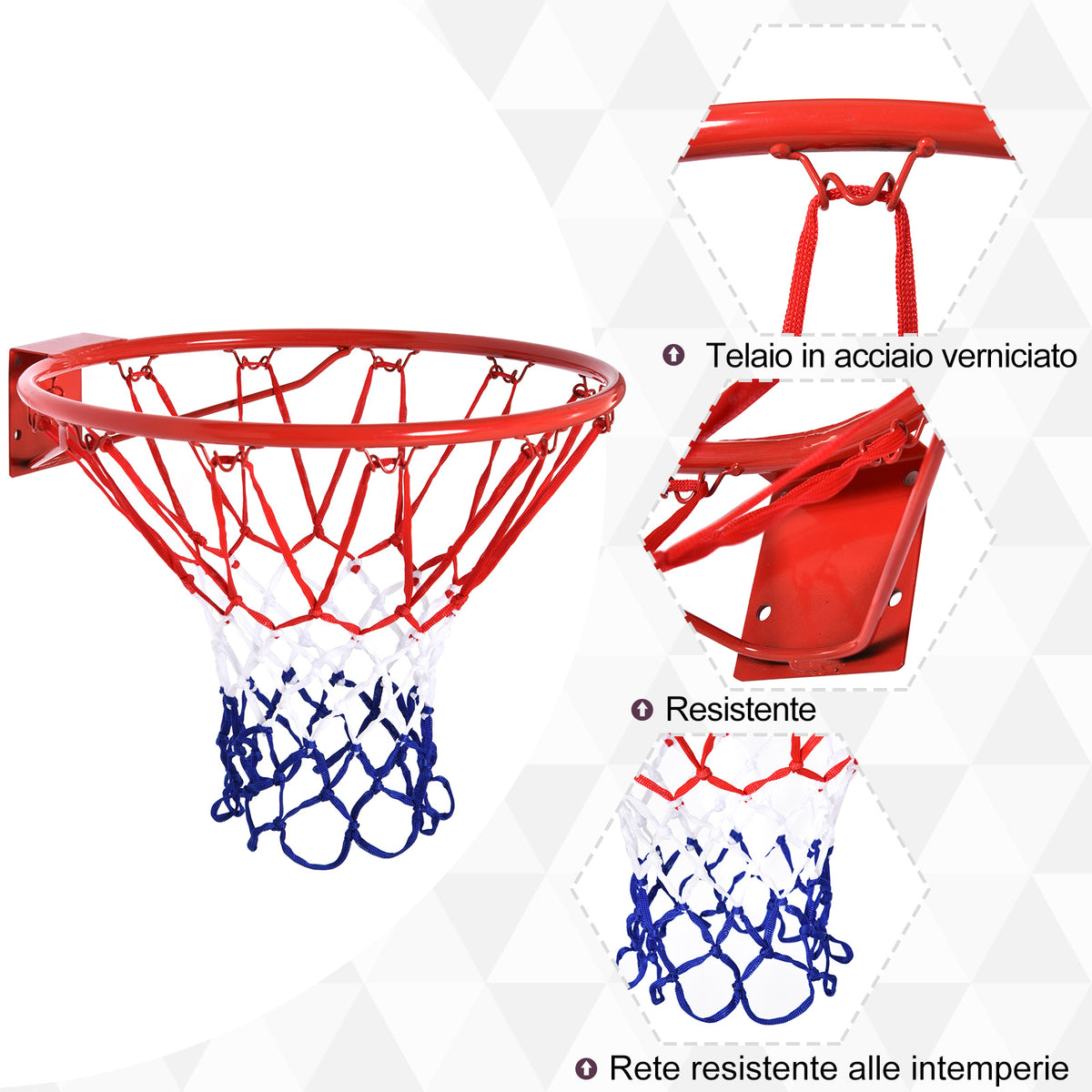 Canestro Basket da Muro in Ferro con Rete in Nylon per Esterno e Interno, ?46cm