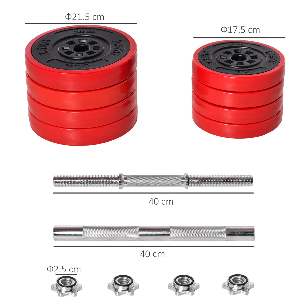 Set 2 in 1 Bilanciere e Manubri Pesi da 20kg, Dischi con Rivestimento in Plastica Antigraffio, Rosso e Nero