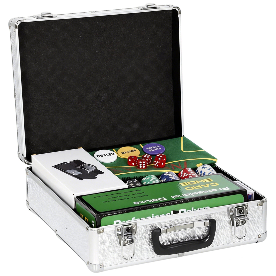 Set da Poker Completo con 500 Fiches, Mescolatore di Carte, Distributore di Carte, Tappetino, 5 Dadi, Argento
