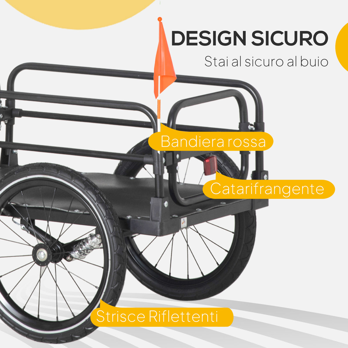 Carrello Bici da 70L con 2 Ruote da 16", 2 Catarifrangenti e Bandierina, in Acciaio e PE, 125x64x53.5 cm, Nero