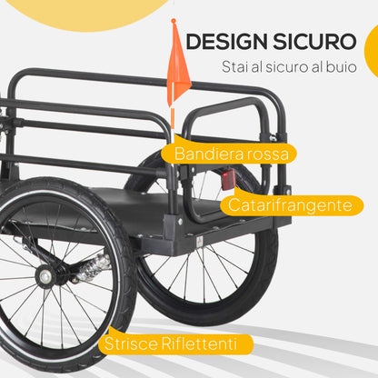 Carrello Bici da 70L con 2 Ruote da 16", 2 Catarifrangenti e Bandierina, in Acciaio e PE, 125x64x53.5 cm, Nero
