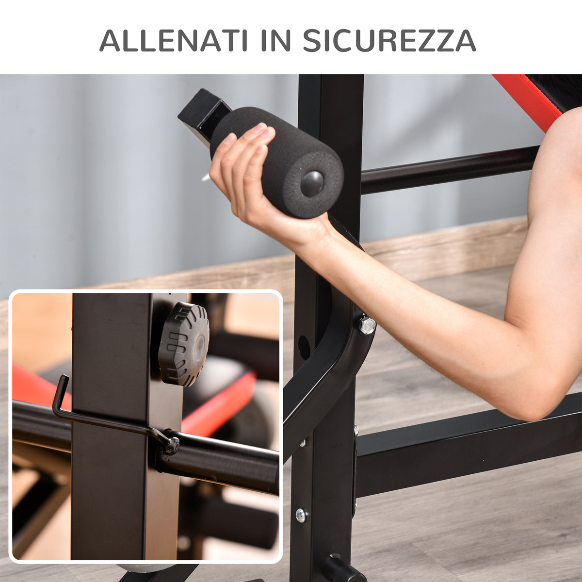 Panca Multifunzione Regolabile con Supporto per Bilanciere, in Acciaio e Plastica, 175x139x127 cm, Rosso e Nero