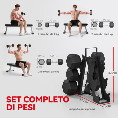 Set di Manubri Palestra con Supporto in Metallo con Impugnatura Antiscivolo, 2x4kg, 2x6kg, 2x8kg, Nero