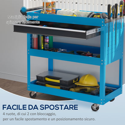 Carrello Porta Attrezzi con Manico Laterale, Cassetto e 3 Ripiani in Acciaio, 82x35x76 cm, Blu