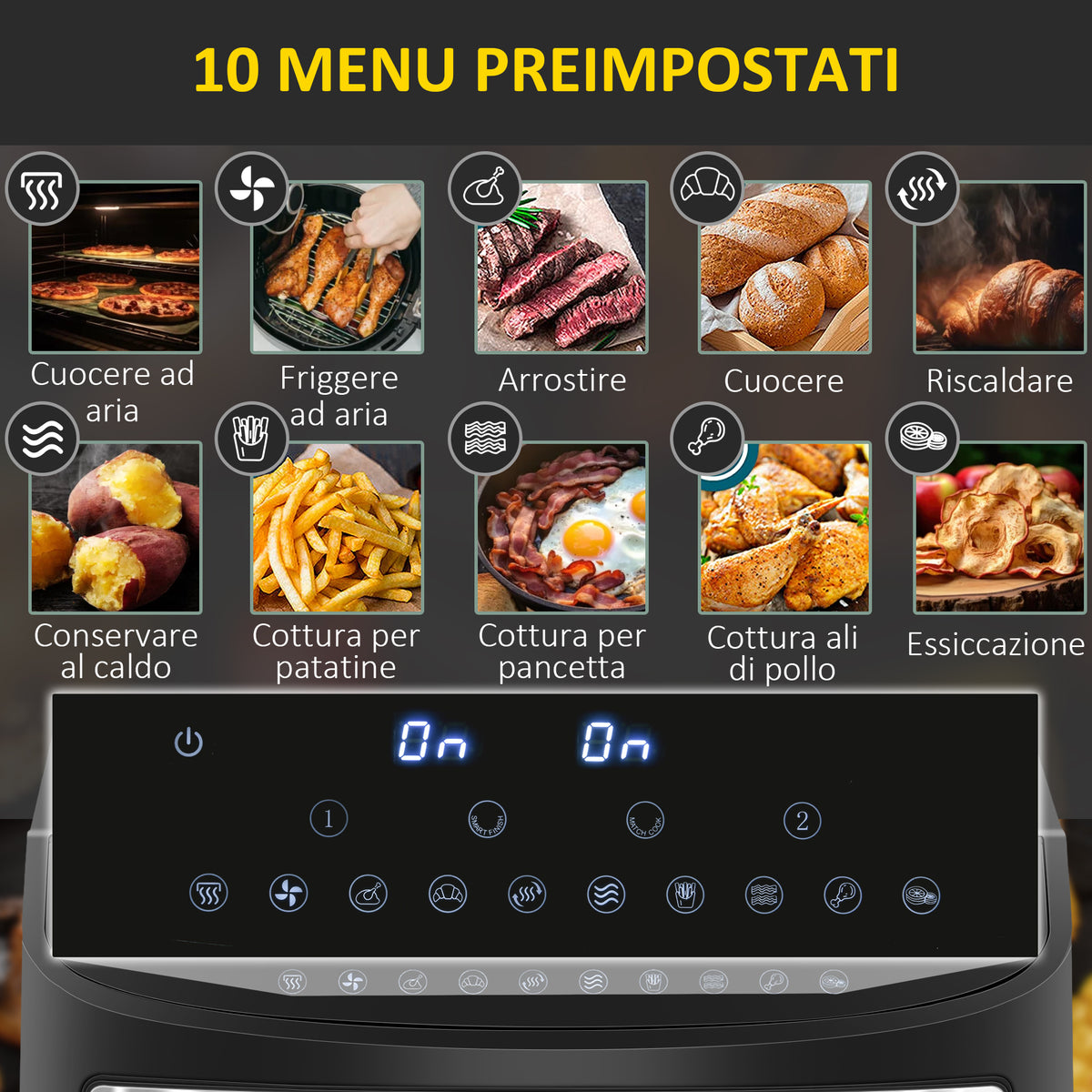 Friggitrice ad Aria 8L con Timer e Temperatura Regolabile, in Acciaio e Plastica, 38.8L x 36.3x31.1 cm, Nero