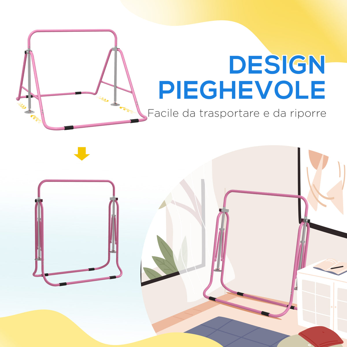 Sbarra per Trazioni Pieghevole per Bambini 3-8 Anni con Altezze Regolabili in Acciaio, 154x106.2x88.5-128.5cm, Rosa