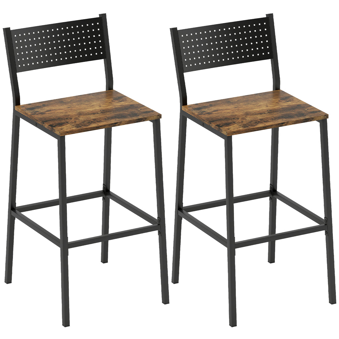 Set 2 Sgabelli da Bar con Schienale e Poggiapiedi Integrato in Stile Industriale, Marrone Rustico