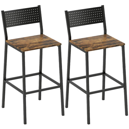 Set 2 Sgabelli da Bar con Schienale e Poggiapiedi Integrato in Stile Industriale, Marrone Rustico