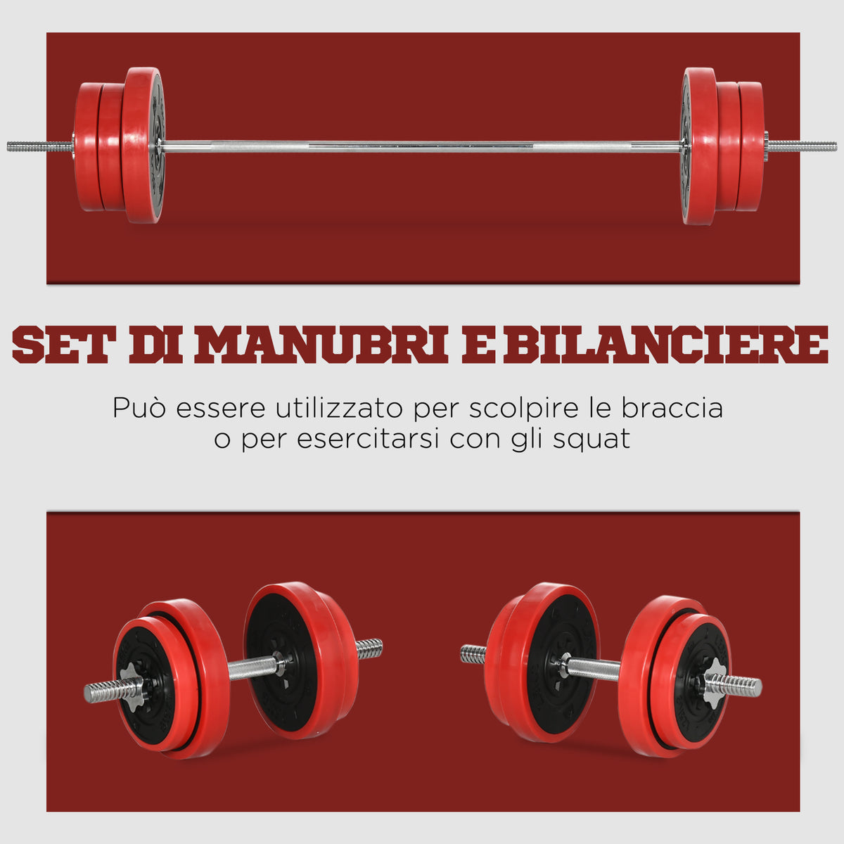 Set Bilanciere e Dischi 65kg totali per Workout in Casa, in Metallo, Sabbia di Ferro e Gomma, Rosso
