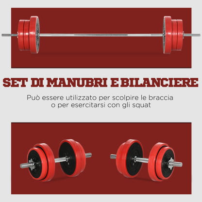 Set Bilanciere e Dischi 65kg totali per Workout in Casa, in Metallo, Sabbia di Ferro e Gomma, Rosso