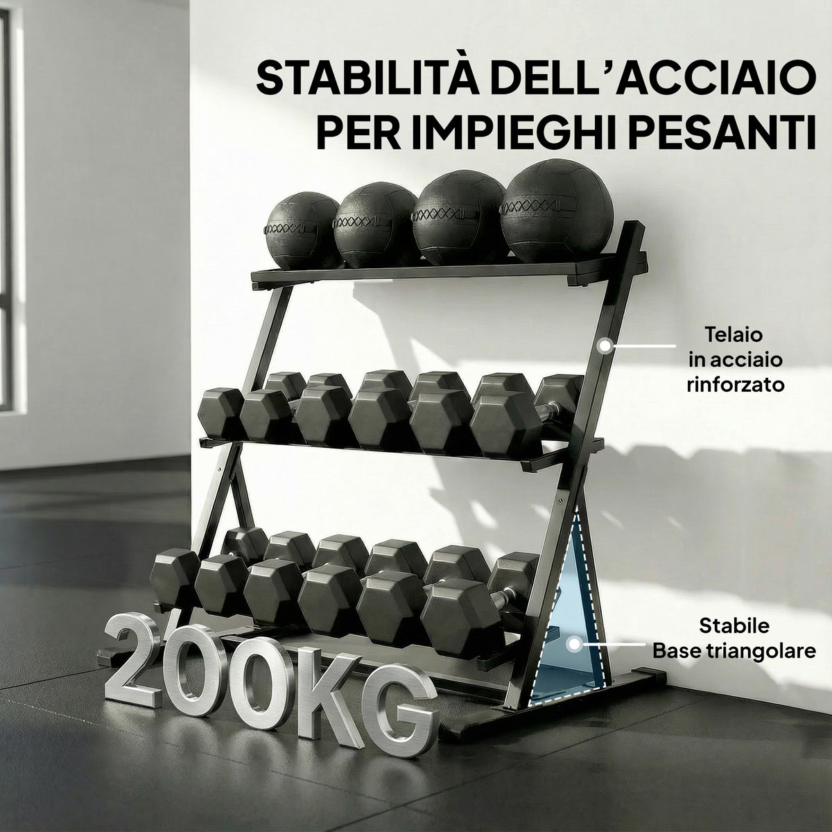 Porta Pesi a 3 Livelli in Acciaio, Capacità 200 Kg, 88x66x88 cm, Nero
