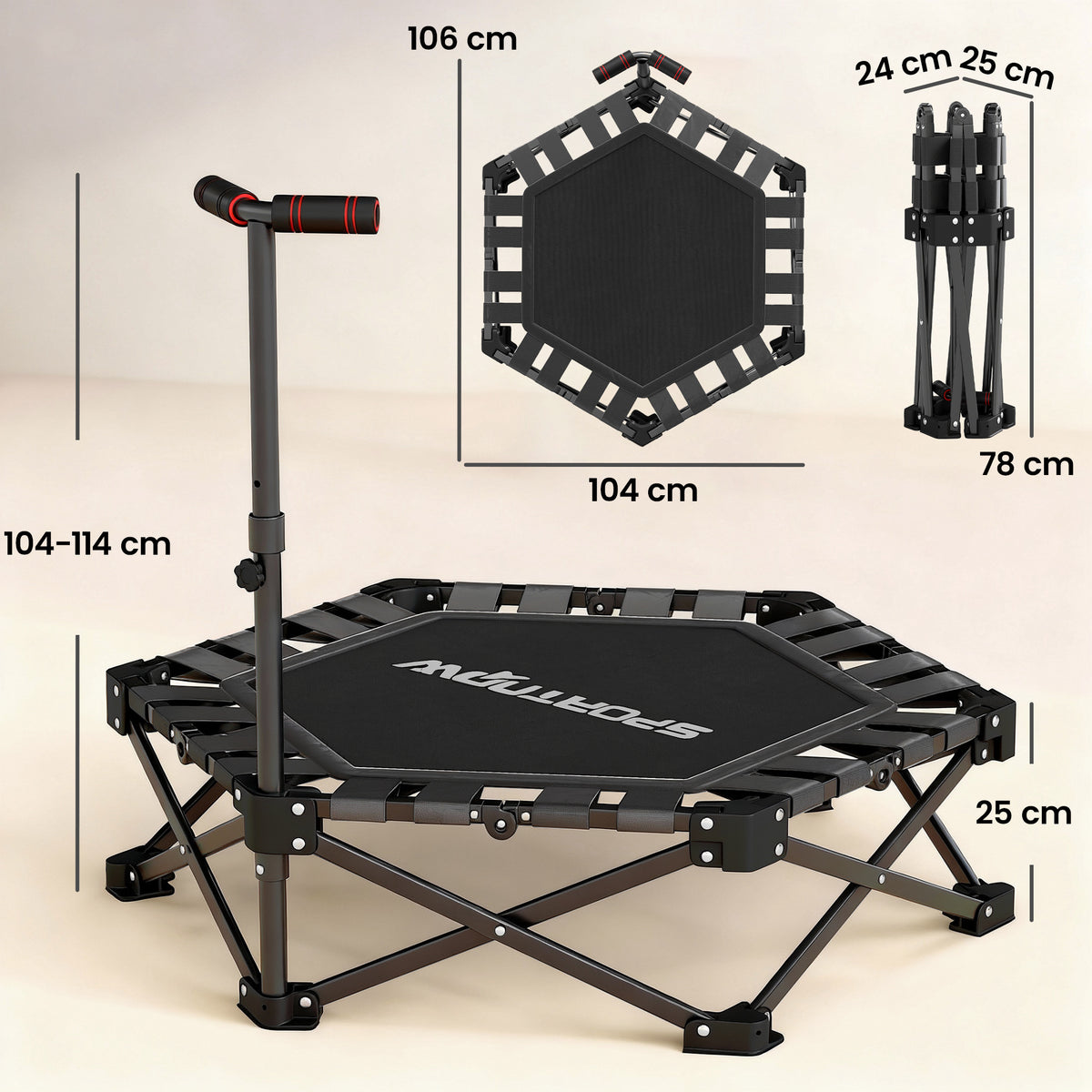 Trampolino Elastico per Adulti 104cm Richiudibile, con Sistema di Apertura Chiusura in un solo Gesto, Maniglia Regolabile e 24 Molle Bungee, Nero