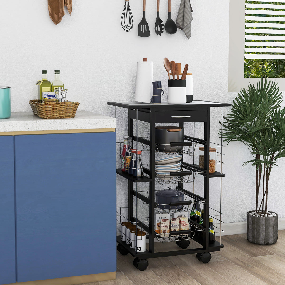 Carrello da Cucina con Cassetto, 4 Cesti di Frutta Estraibili e Piano in Ceramica, Carrello Cucina Salvaspazio con 4 Ripiani Laterali in Legno di Pino e Metallo, 57x37x83 cm, Nero