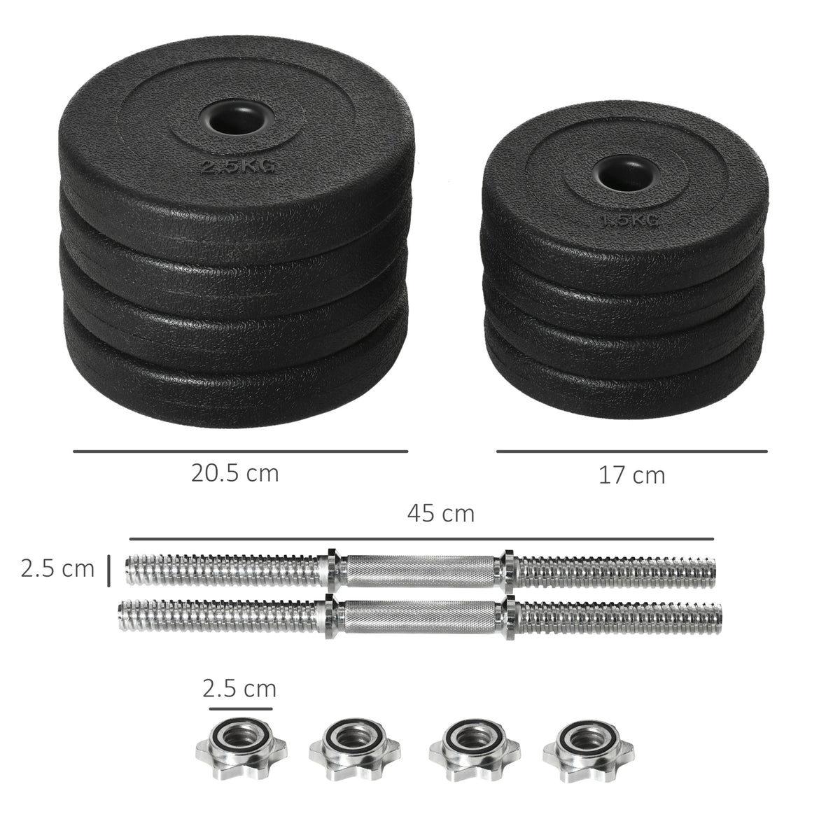 Set Manubri Pesi 20 kg (4x2.5 kg, 4x1.5 kg) con 8 Dischi e 2 Manubri da 2 kg, 43x18x7.5 cm, Nero