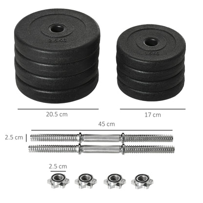 Set Manubri Pesi 20 kg (4x2.5 kg, 4x1.5 kg) con 8 Dischi e 2 Manubri da 2 kg, 43x18x7.5 cm, Nero