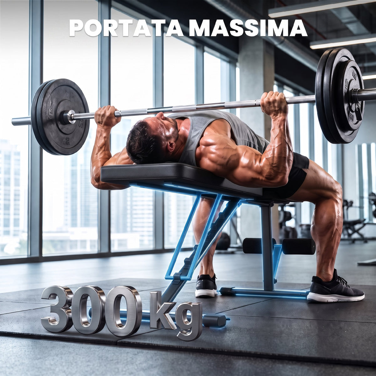 Panca per Pesi Pieghevole e Regolabile, Portata 300 kg, Schienale a 7 Posizioni