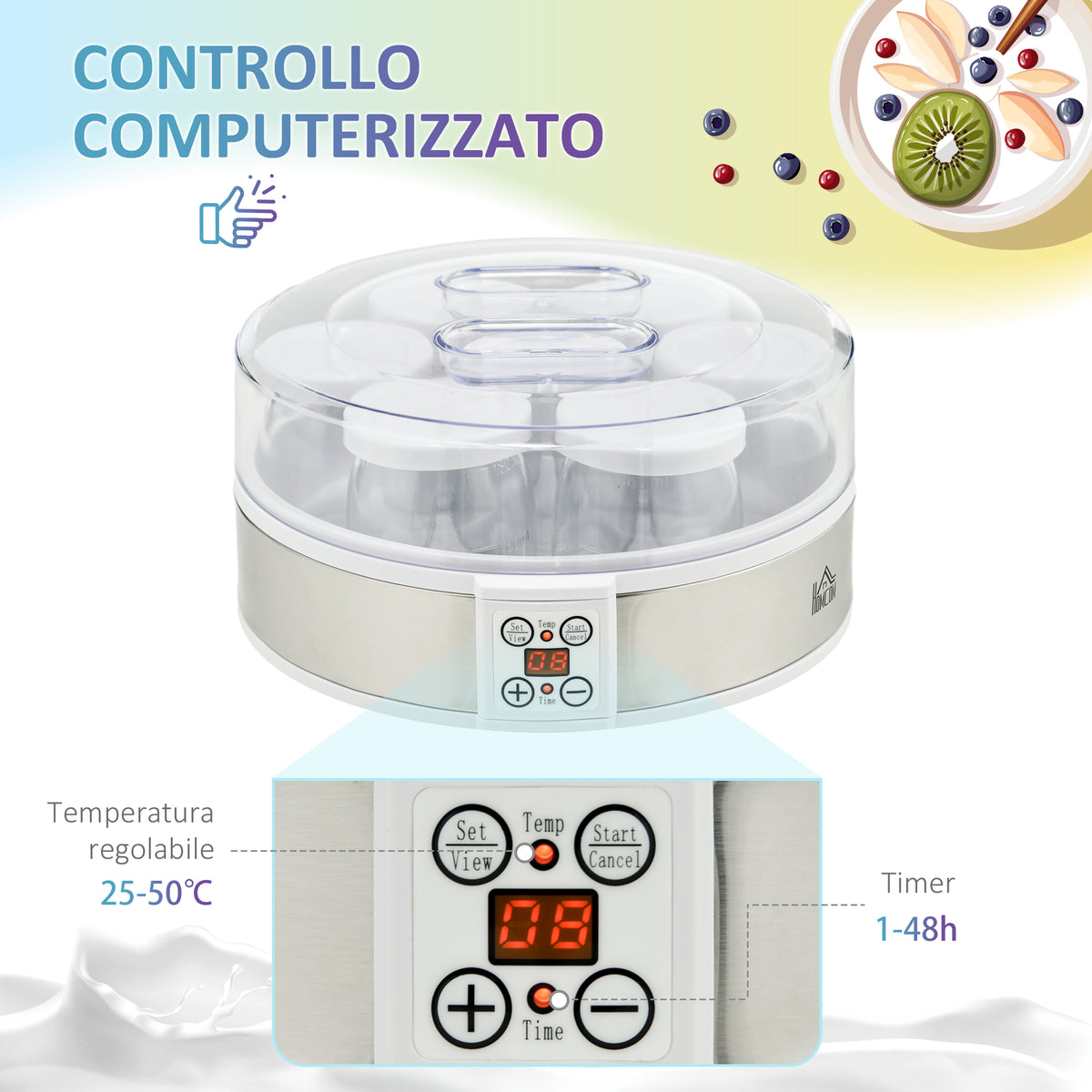 Yogurtiera 20W da 1.5L con 7 Vasetti e Display a Pulsanti, in Acciaio Inox e Plastica, 24x24x13 cm, Bianca