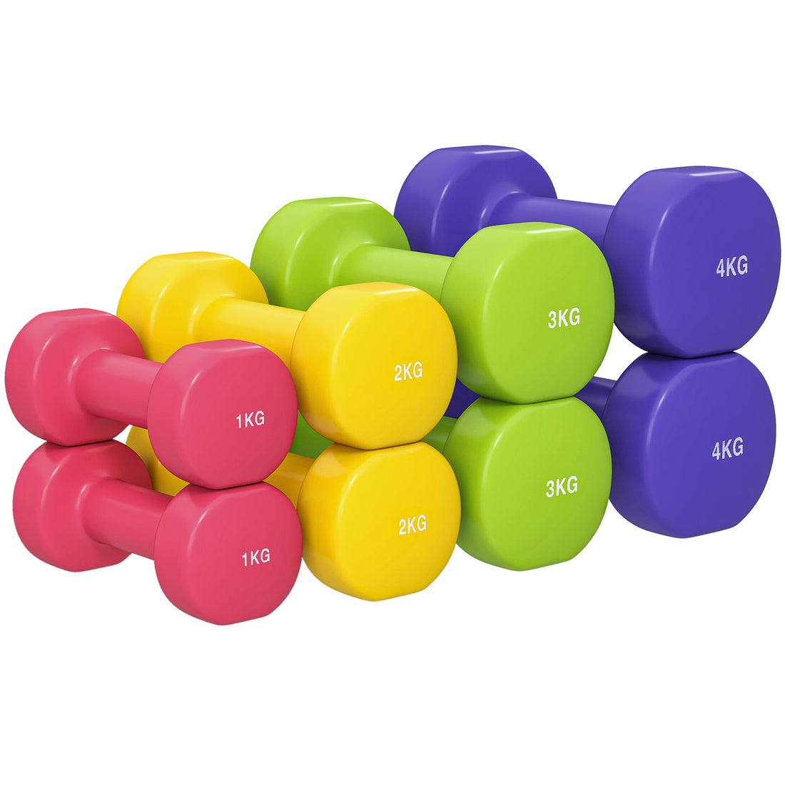 Set 4 Manubri Multiusi Esagonali da 20 kg Totali in Acciaio e PU da 1 a 4kg, Multicolore