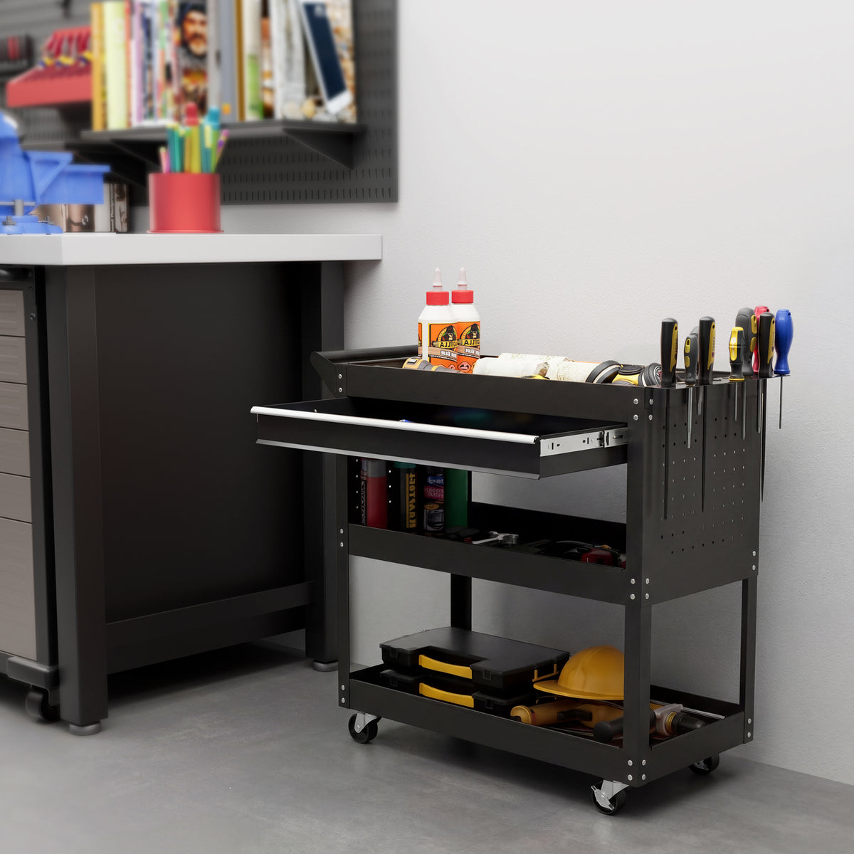 Carrello 3 Livelli in Acciaio con Cassetto, Porta Utensili Laterale e Maniglia, Nero