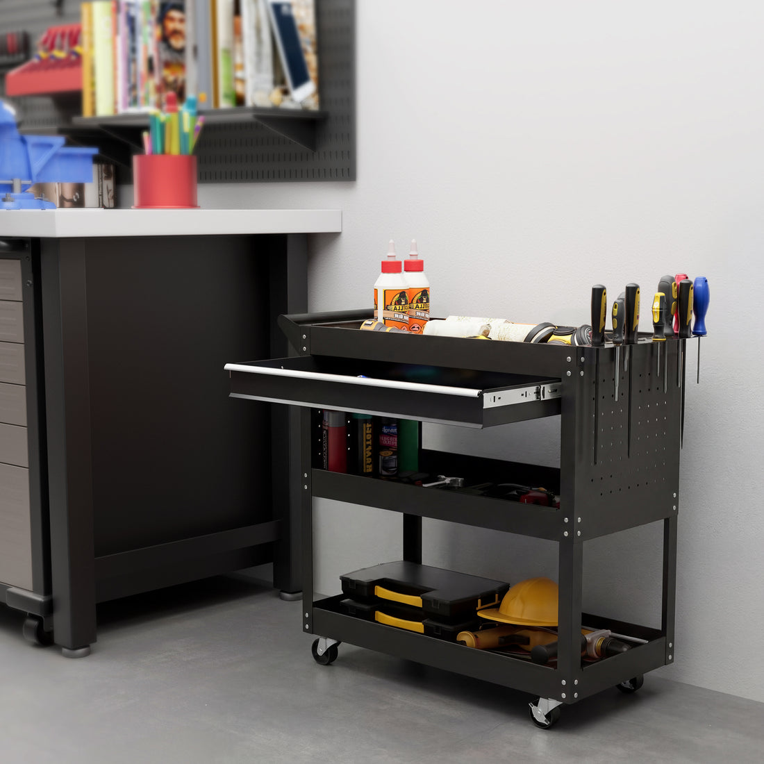 Carrello 3 Livelli in Acciaio con Cassetto, Porta Utensili Laterale e Maniglia, Nero