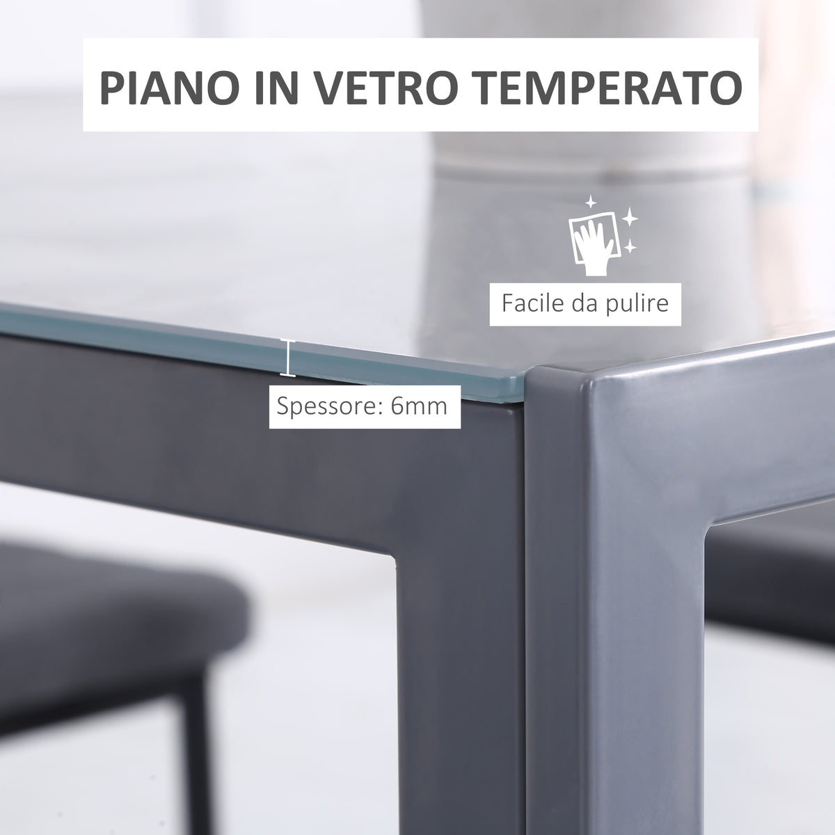 Tavolo Quadrato da 4 Persone per Cucina e Soggiorno, Tavolo Moderno in Metallo e Vetro Temperato, 75x75x75 cm, Grigio