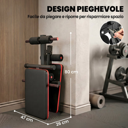 Panca per Addominali Pieghevole e Regolabile con Vogatore e 2 Corde, in Acciaio 51x137x50-66 cm, Nera e Rossa