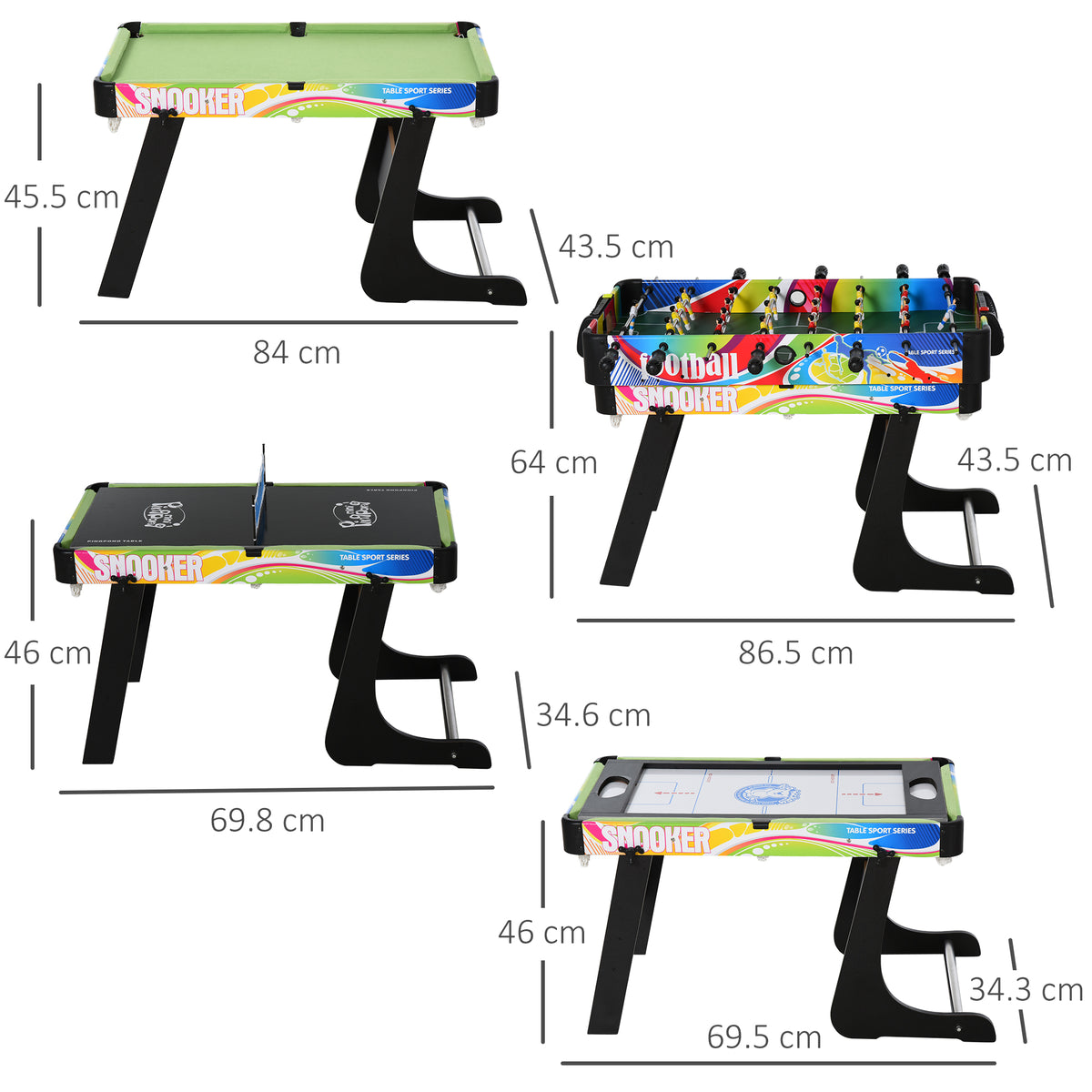 Tavolo da Gioco 4 in 1 Pieghevole per Calcio-Balilla, Biliardo, Air Hockey e Ping Pong, in MDF e Plastica
