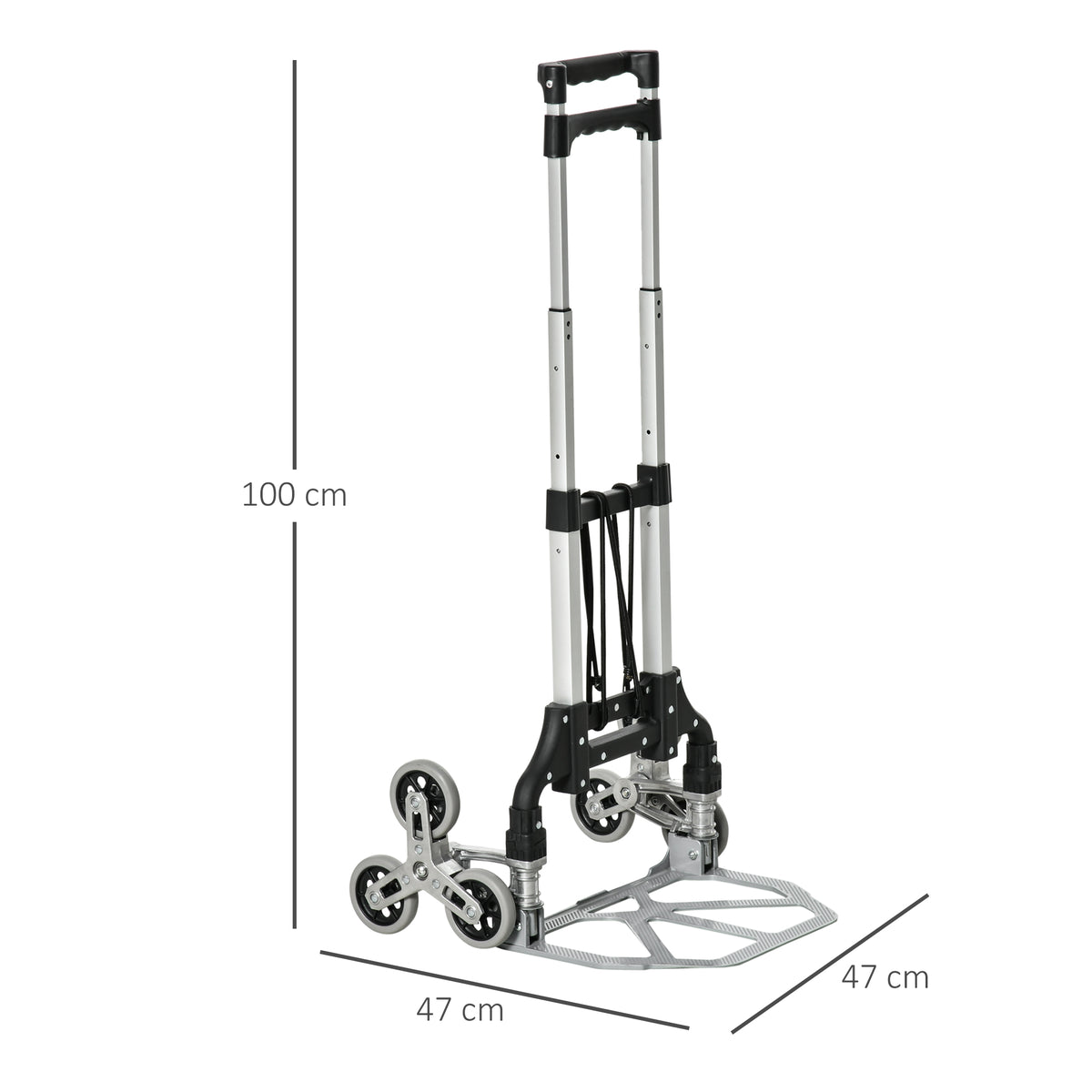 Carrello Portapacchi Pieghevole a 6 Ruote max 70 kg con Fune e Maniglia Estraibile, 47x47x100 cm, Nero e Argento