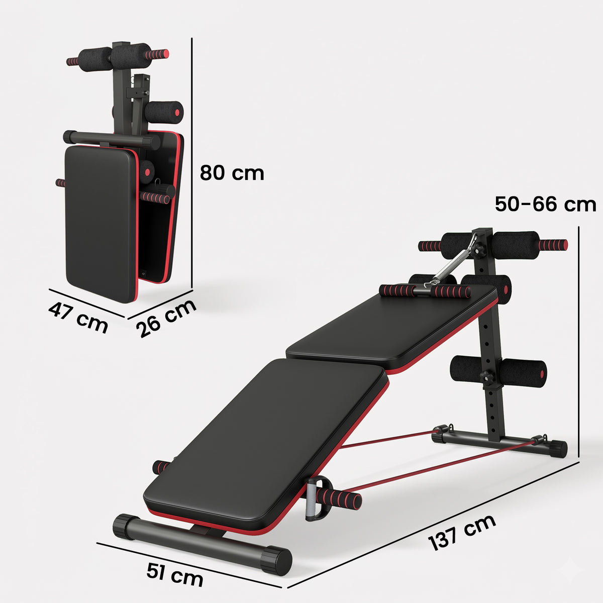 Panca per Addominali Pieghevole e Regolabile con Vogatore e 2 Corde, in Acciaio 51x137x50-66 cm, Nera e Rossa