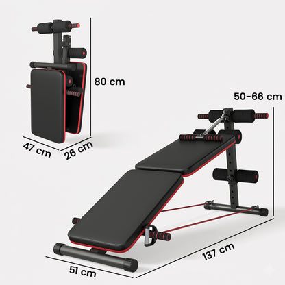 Panca per Addominali Pieghevole e Regolabile con Vogatore e 2 Corde, in Acciaio 51x137x50-66 cm, Nera e Rossa