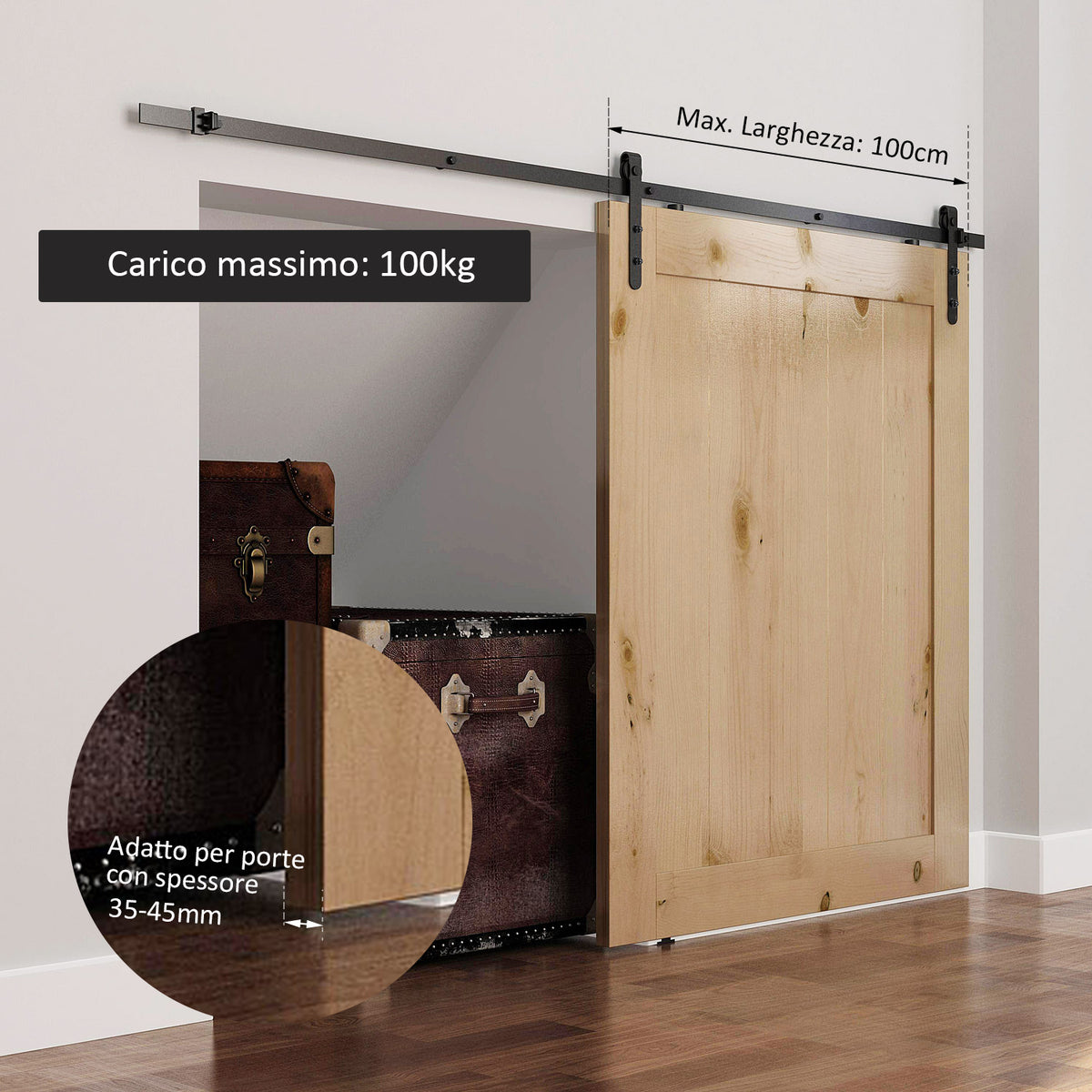 200cm Binario per Porta Scorrevole Kit Accessori con Binario e Rulli Portata 100kg Acciaio al Carbonio 20040.6cm
